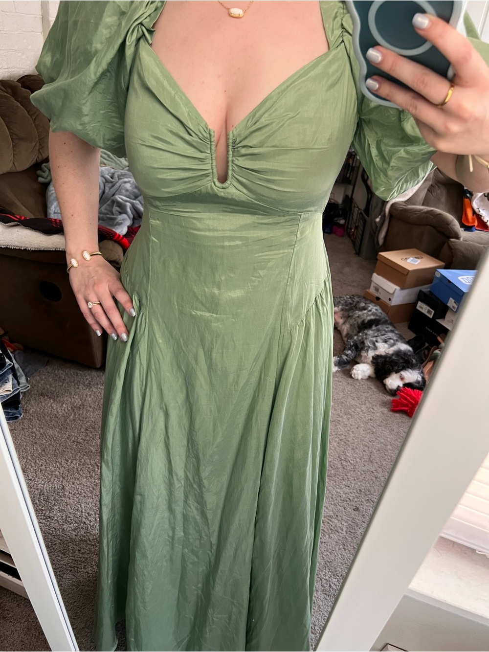 Green Puff Sleeve Midi Dress